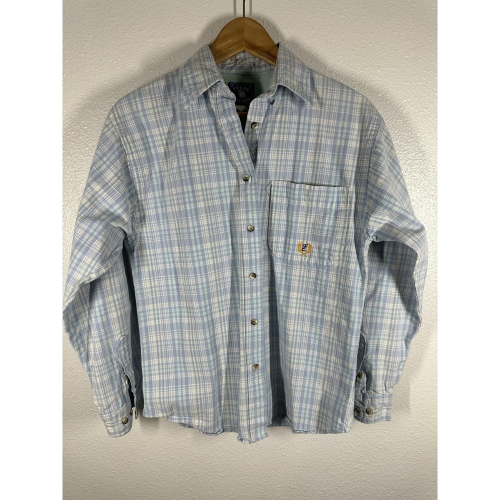 Texas Cotton Shirt Mens Small Blue Plaid Button Front Long Sleeve Casual‎ Summer - Picture 7 of 7